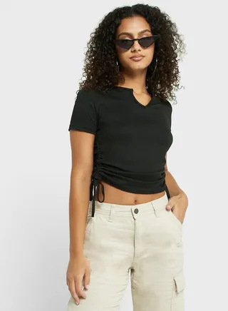 Notched Neck Ruched T-Shirt