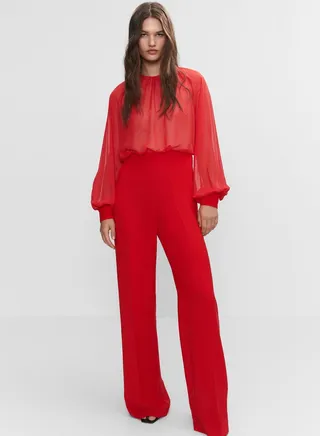 Puff Sleeve Mesh Detail Jumpsuit