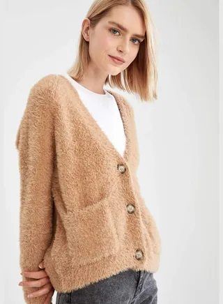 Oversize V-Neck Buttoned Fluffy Cardigan
