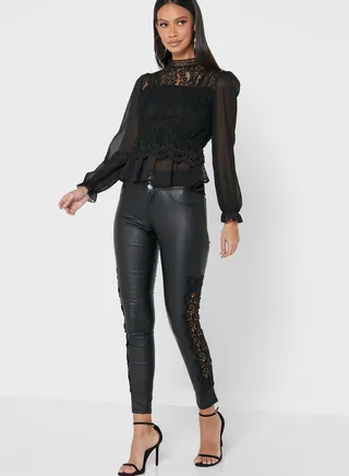 Coated Pu Side Crochet Detail Pants