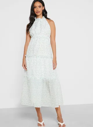 Halter Ditsy Check Print Midaxi Dress