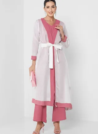 V-Neck Top & Color Block Abaya Set