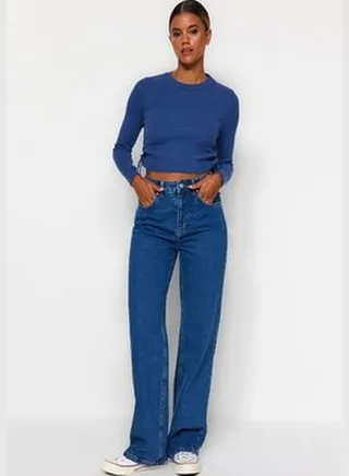Dark Blue High Waist Wide Leg Jeans TWOAW24JE00075