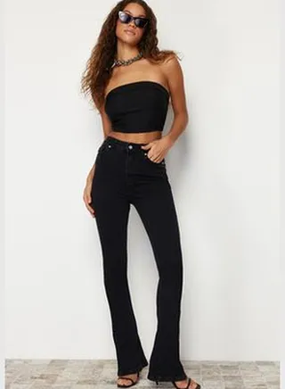 Black Leg Detailed High Waist Flare Jeans TWOSS24JE00162