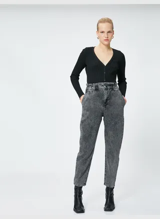High Rise Elastic Waist Denim Trousers - Baggy Jeans