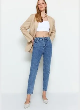 Dark Blue More Sustainable High Waist Slim Mom Jeans TWOAW24JE00065