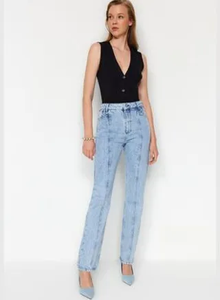 Blue Stitching Detail High Waist Long Straight Jeans TWOAW24JE00102