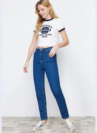 Blue High Waist Slim Mom Jeans TWOSS24JE00137