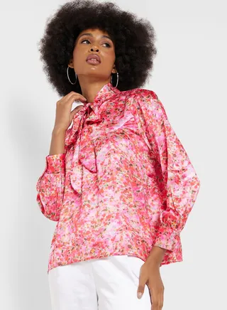 Printed Neck Tie Detail Top