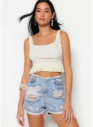 Ripped Blue Mini Denim 100% Cotton Shorts & Bermuda TBESS23SR00036
