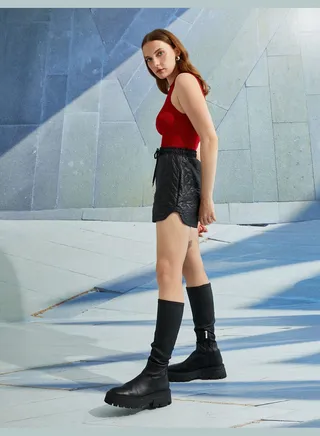 Faux Leather Elastic Waist Mini Short