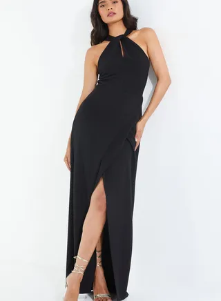 Halter Neck Cut Out Front Slit Dress