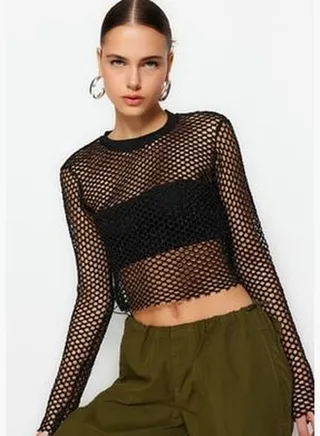 Black Lurex Mesh, Relaxed Cut, Crew Neck Crop Knitted Blouse TWOSS23BZ00523