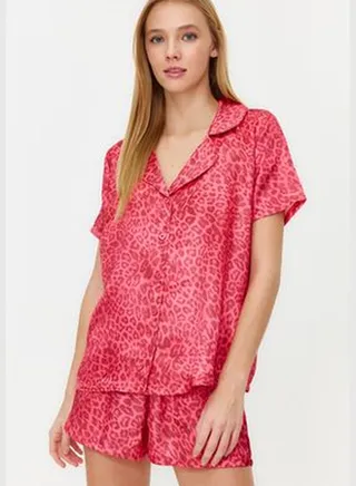 Burgundy Multi Color Satin Shirt-Short Woven Pajamas Set THMSS20PT0158