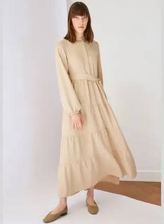 With Stone Belt, Big Collar Button Detailed Woven Dress TCTSS21EL3343
