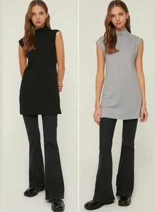Two Pieces Black-Gray Standing Collar, Sleeveless Underwear Tunic TCTSS21UK0033