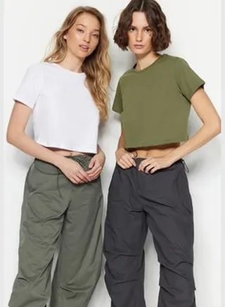 Khaki-White 2-Pack 100% Cotton Crop Crew Neck Knitted T-Shirt TWOSS20TS1480