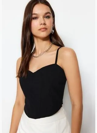 Black Fitted Crepe Knitted Bustier with Crop Straps TWOSS23BS00036