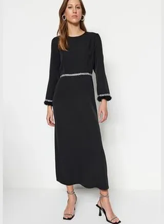 Black Stones and Cuffs Detailed Evening Dress TCTSS23DB00039