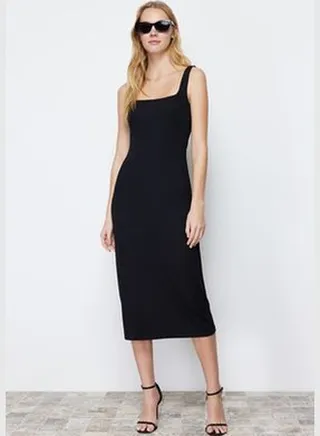 Black Strap Square Neck A-line/A-Line Cut Maxi Stretchy Knitted Dress TWOSS24EL00181