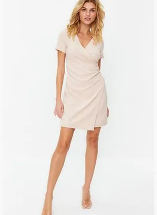 Stone Double Breasted Collar A-Line Crepe Mini Smart Knitted Dress TWOSS23EL01703