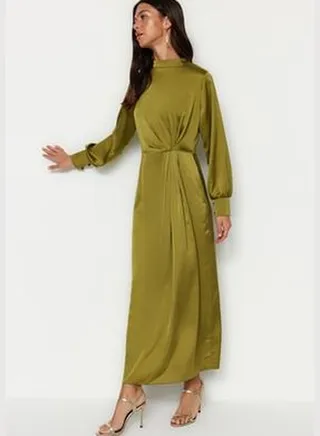 Khaki Evening Dress In Satin With Pleated Waist TCTSS23DB00043