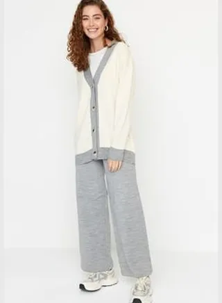 Gray Stripe Detailed Cardigan-Pants Knitwear Set TCTAW22AU0156