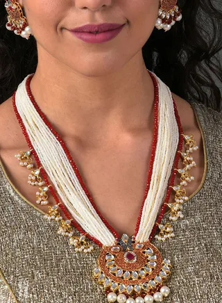 Gold Plated Designer Stone Pearl Necklace and Earrings Set