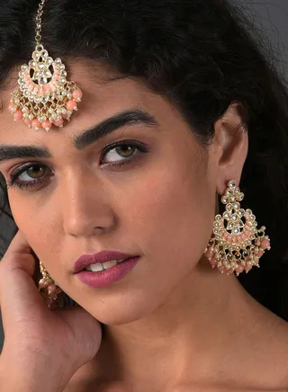 Gold Plated Pearls Earrings and Maang Tikka Set