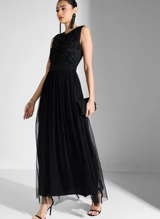 Embellished Mesh Plisse Dress