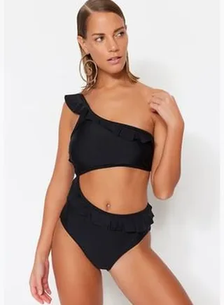 Black One-Shoulder Frilled Regular Leg Swimsuit TBESS22MA0002