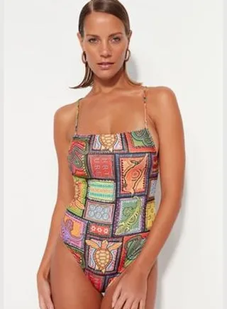 Ethnic Patterned Square Collar High Leg Swimsuit TBESS23MA00311