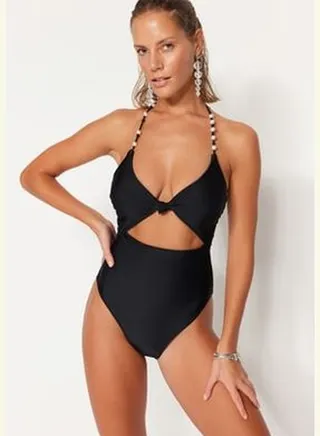 Black V-Neck Pearl Accessory, Regular Leg Swimsuit TBESS23MA00032