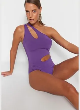 Purple One-Shoulder Cut Out/Windowed Regular Leg Swimsuit TBESS23MA00276