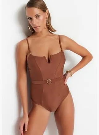 Strapless Brown Belt, V-Stringer Regular Leg Swimsuit TBESS21MA0134