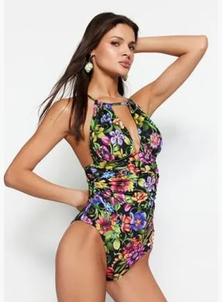 Floral Patterned Halterneck Draped High Leg Swimsuit TBESS23MA00093