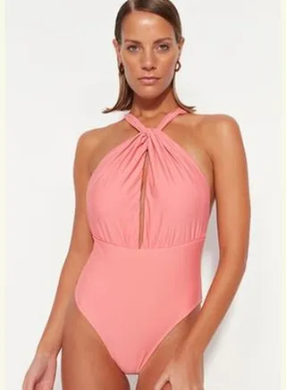 Pink Halterneck Cut Out/Windowed Regular Leg Swimsuit TBESS23MA00319