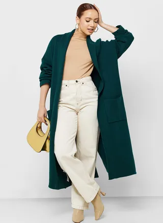 Pocket Detail Ribbed Long Line Coat