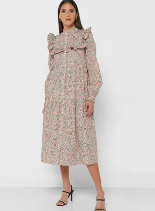 Pleated Ruffle Detail Dress