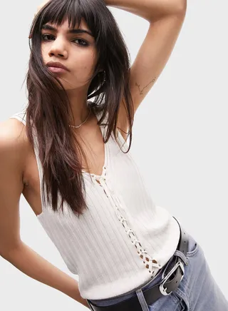 Tie Detail Ribbed Top