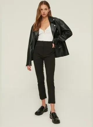 Black Cigarette Skinny Leg Waist Stitching Detail Woven Trousers TWOSS20PL0388