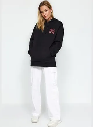Black With Print Detail Oversized/Wide Fit, Fleece Inside Knitted Sweatshirt TWOAW22SW0687