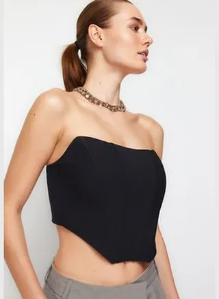 Black Crop Lined Woven Corset Detailed Bustier