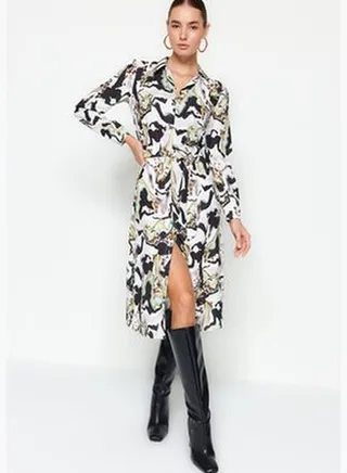 Multicolored Belted and Abstract Pattern Woven Shirt Dress TWOAW24EL00304.
