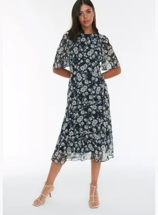 Navy Blue Patterned Chiffon Dress TWOSS20EL0908