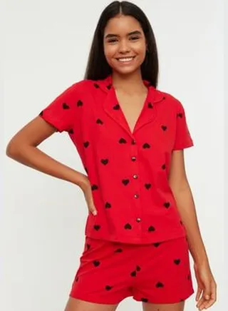 Red Heart Patterned Cotton Shirt-Shorts Knitted Pajamas Set THMSS21PT0756