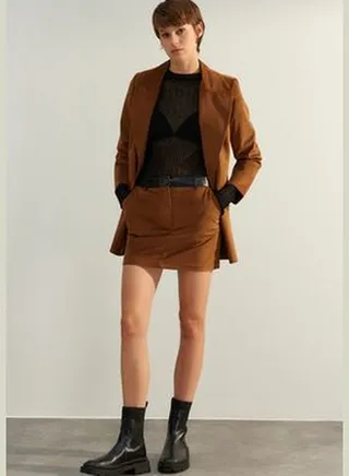 Dark Brown Premium High Quality Velvet Mini Woven Skirt TWOAW24ET00245