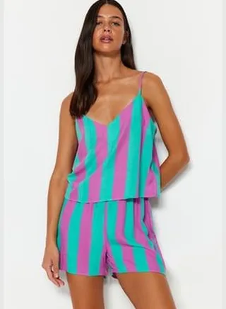 Multicolored Striped Singlet-Shorts Woven Pajamas Set