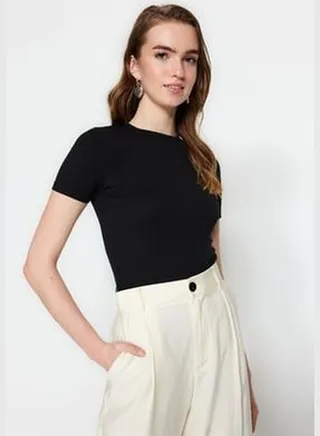 Black Half Sleeves Knitted Body Tunic With Snap Fastener
