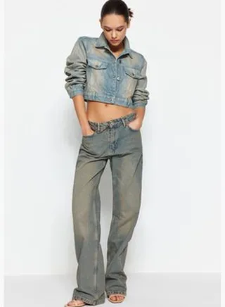 Blue Pale Effect Vintage Low Waist Wide Leg Jeans TWOSS24JE00021